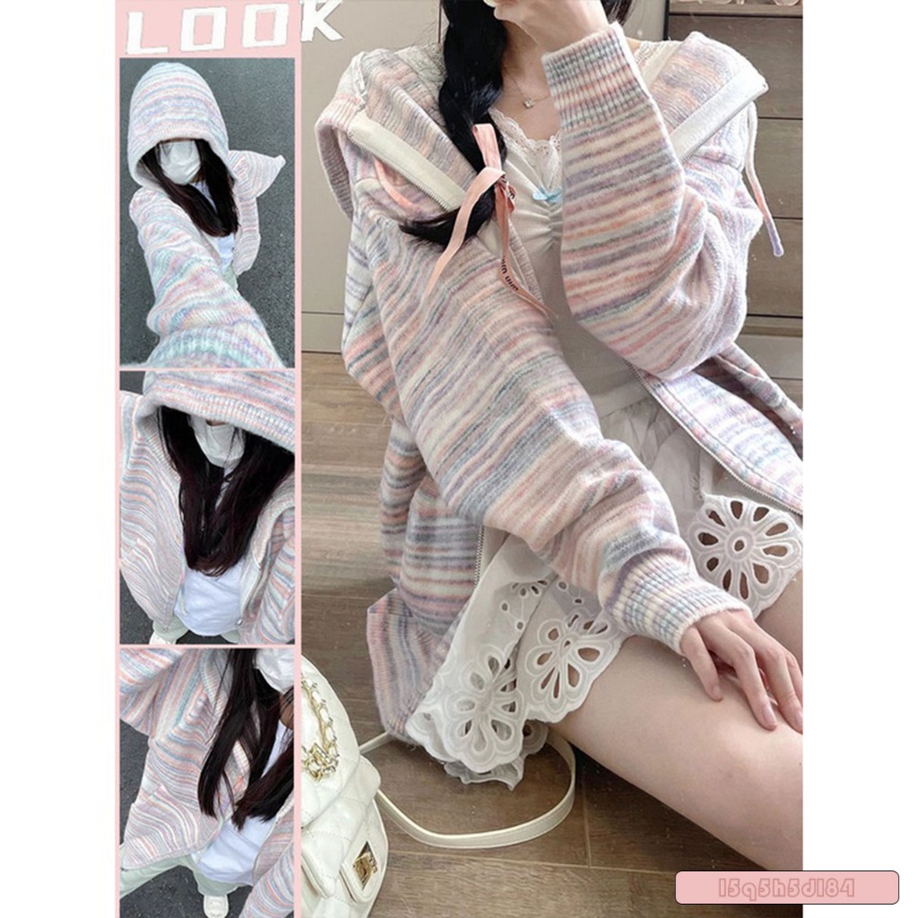 เสื้อไหมพรม เสื้อกันหนาว 🧡🌴Hot sale！ไล่โทนสี, ลายทาง, หลวม, แขนยาว,S-2XL