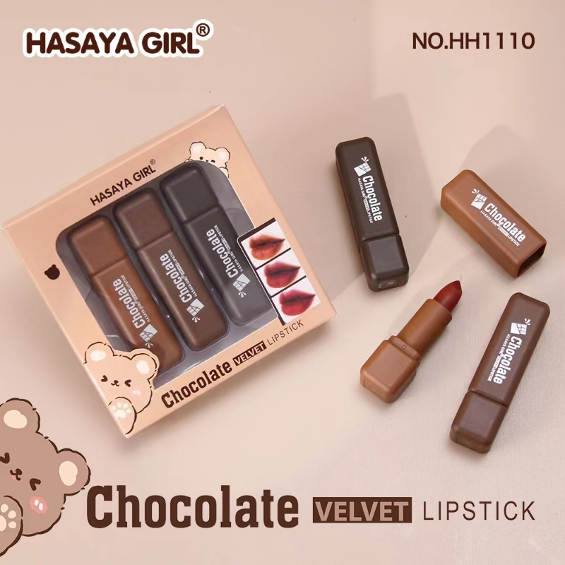 HH1110 ลิปเซต3ชิ้น Chocolate Velvet ลิปช็อคโกแลตน่ารัก มี 3โทนสี เกลี่ยง่าย สีสวยชัด ติดทนนาน เเพ็คเกจน่ารักสุดๆ