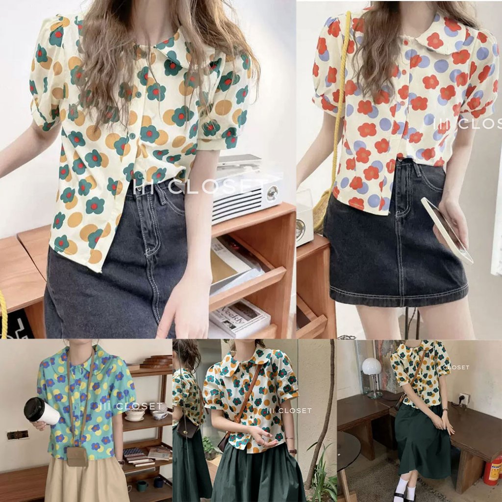 เสื้อเชิ้ตคอบัว lll Freesize lll IT079 เสื้อเชิ้ต กระดุมหน้า คอบัว แขนตุ๊กตา ลายดอกน่ารักๆ เนื้อผ้าไหมอิตาลีอย่างดี