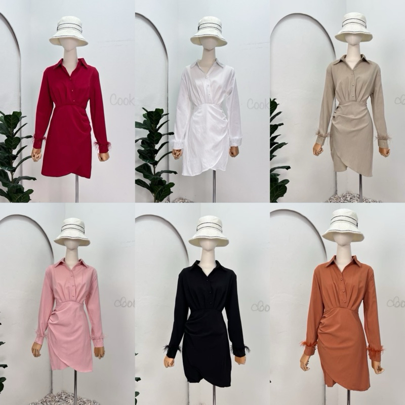 เดรสกระโปรงไขว้จีบข้าง คอปก ปลายแขนแต่งขนนก มี 7 สีให้เลือก