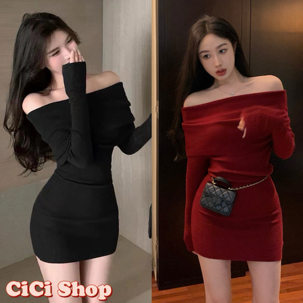Cicishop(15CX63)เดรสสั้นไหมพรมแขนยาวดีเทลปาดไหล่ เข้ารูป แฟชั่นอเมริกันไตล์ – โปรปัง