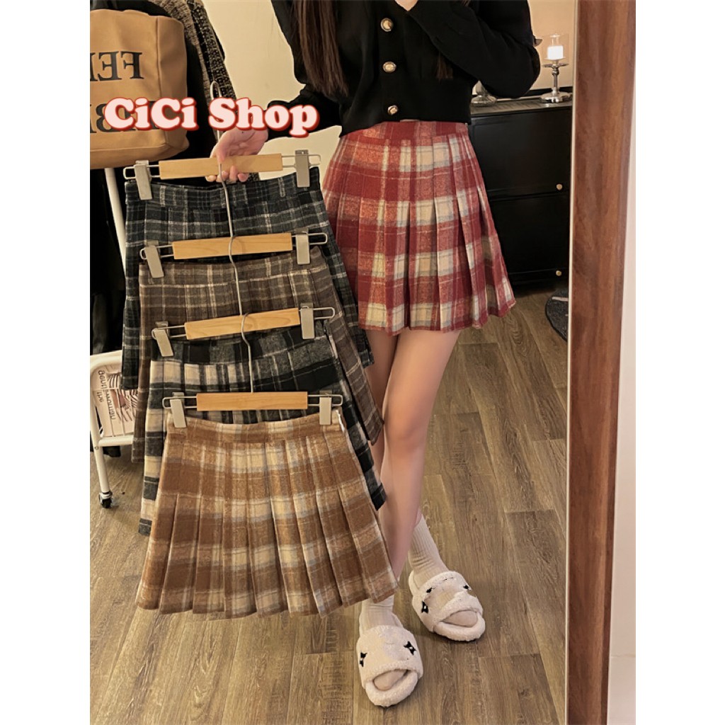 Cicishop(27038-5)กระโปรงลายสก็อตผ้าสักหลาด ทรงเทนนิส ดีเทลซิปรูดด้านข้าง สไตล์เกาหลี