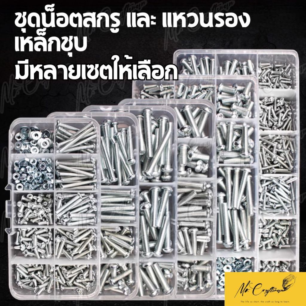 ชุดตัวน็อต สกรู และวงแหวน เหล็กชุบ เครื่องมือสำหรับช่าง พร้อมกล่องเก็บอุปกรณ์
