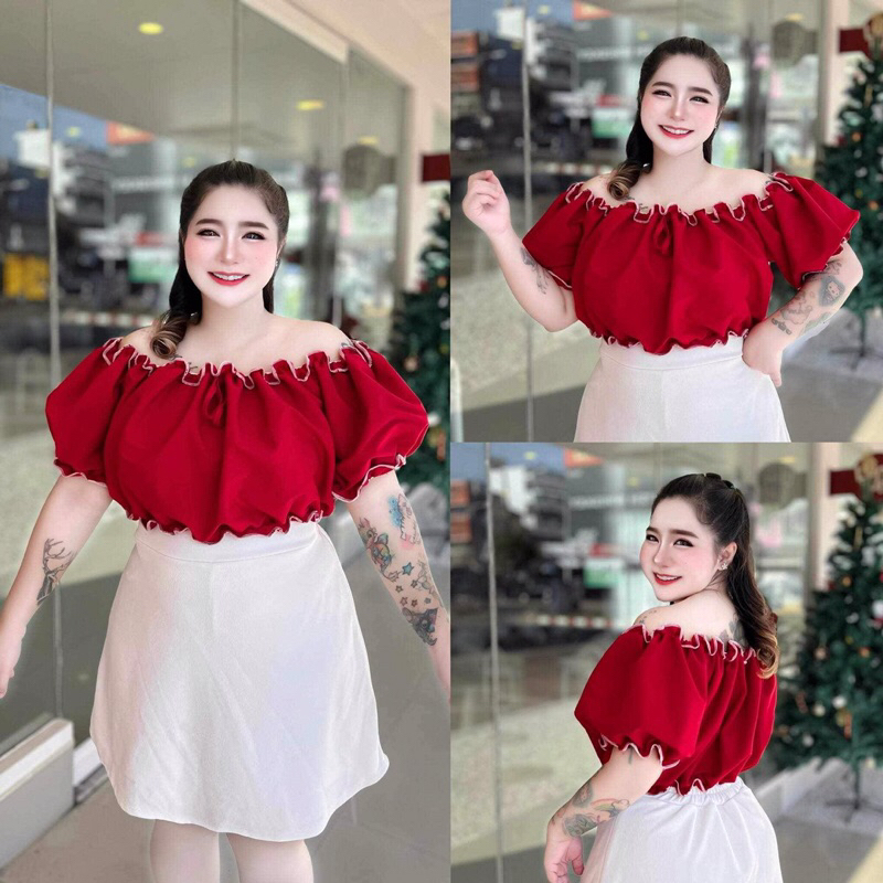 #43(ส่งเร็ว)เสื้อปาดไหล่แขนตุ๊กตาเย็บแต่งด้ายสี เนื้อผ้าไหมอิตาลี แฟชั่นสาวอวบ Bigsize  Women