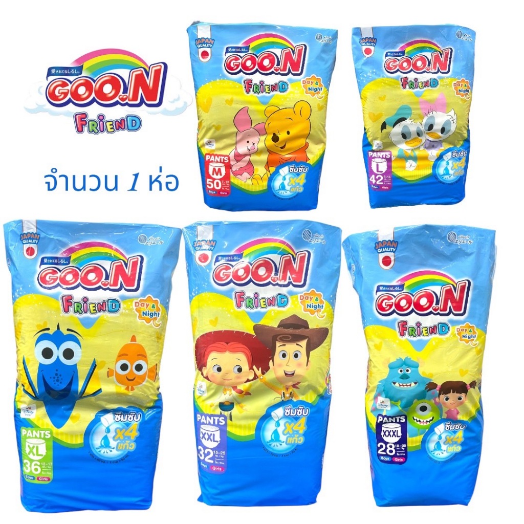 Goon Friend Baby โฉมใหม่ ลาย Disney รุ่นขอบขากระชับ ห่อสีฟ้า แพ็ค 1 ห่อ ( มีตัวเลือกไซส์ )