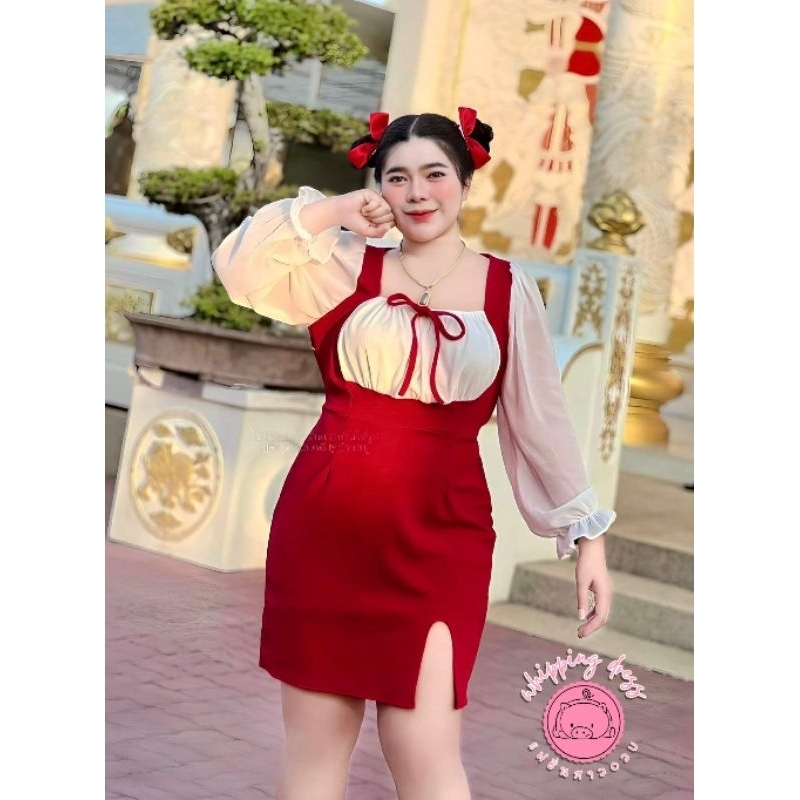 (ฮ975)เดรสเอี๊ยมสั้นแขนยาวผ้าชีฟองสีแดงคริสต์มาสเสื้อผ้าสาวอวบอ้วนplussize