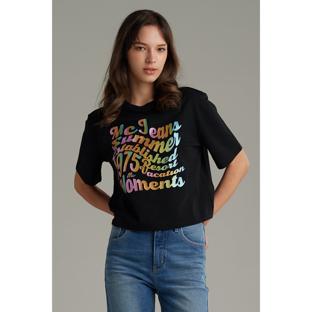 Mc jeans เสื้อยืดผู้หญิง ทรงครอปโอเวอร์ไซส์ คอกลม สีดำ MTSZB63