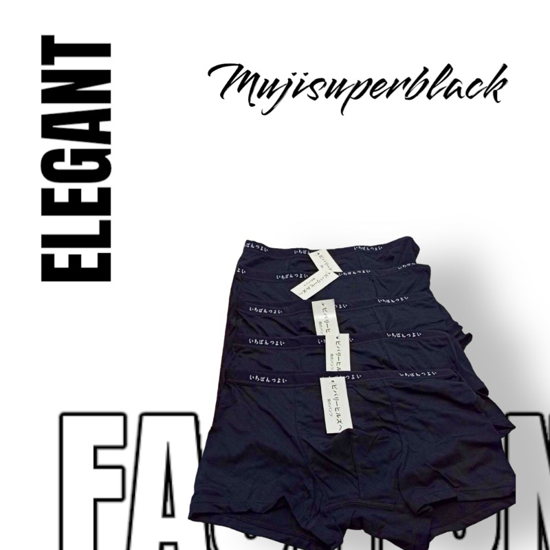 MUJsuperblack(สีดำล้วน)เกรดพรีเมียมสไตลงญี่ปุ่นนุ่มเบาสบายชุด5 ตัวกางเกงในชาย  size L xL xxL xxxL4xสีดำของแท้สกรีนสีเงิน