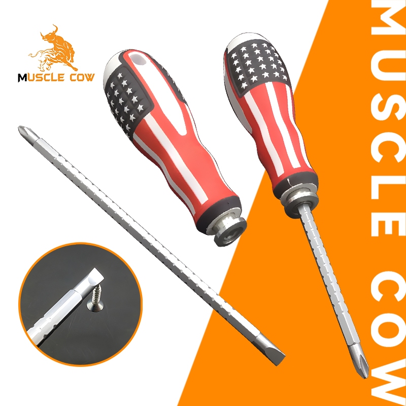 MUSCLE COW ไขควงสลับแบน-แฉก และปรับระดับได้ สามารถเปลี่ยนหัวได้ ลายธงชาติสหรัฐ ปรับความยาวได้ 2.5"-4.5" แกนขาว