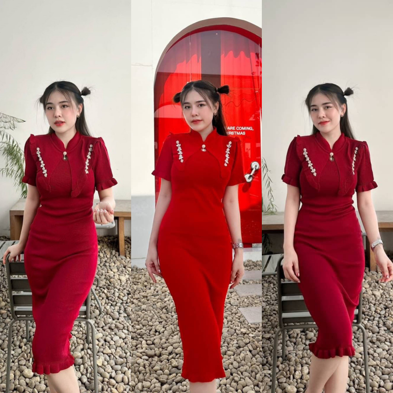 เดรสไหมพรม ใส่ตรุษจีน ทรงแขนสั้นคอปีน ผ้ายืดตามตัว สาวอวบใส่ได้ รุ่น ตรุษจีนคอระบาย
