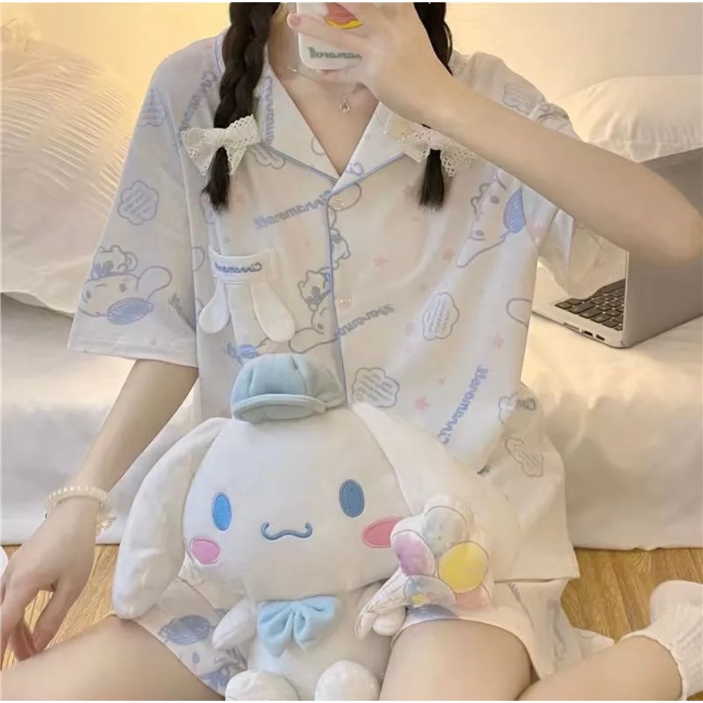 ชุดนอนผู้ใหญ่ แขนสั้น ขาสั้น ชุดนอนน่ารักลายการ์ตูน ชุดนอนผ้าคอตตอน/ผ้าฝ้าย ชุดนอนผู้หญิง #ชินนา