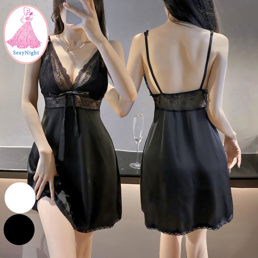 SexyNight 🌞🌞 กระโปรง ผ้าไหม ชุดอยู่บ้าน ลูกไม้ โบว์หน้าอก ราคาถูก พร้อมส่งจากไทย(H9061)