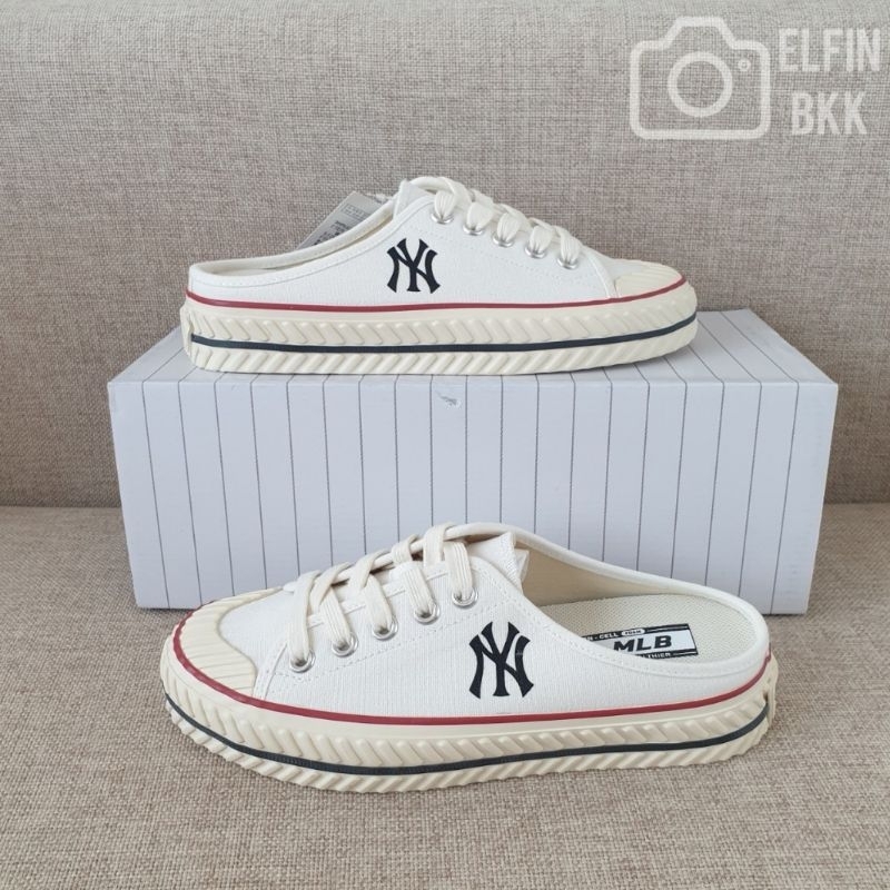 แท้ 💯 MLB Playball origin Mule NY รองเท้าผ้าใบเปิดส้น สีขาว