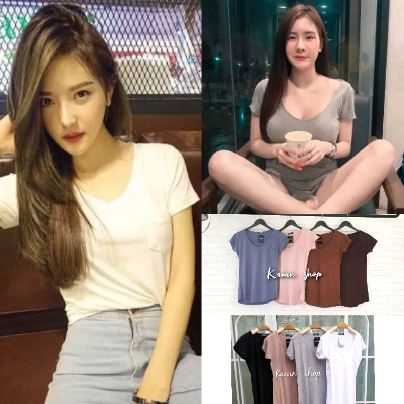 พร้อมส่ง💋💋💋🍭เสื้อยืดคอวี กระเป๋าหน้าชายโค้ง ผ้าเรย่อน ใส่สบาย💋💋💋🍭งานป้าย