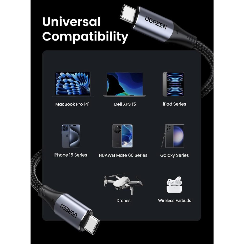 UGREEN รุ่น 80150 USB C Cable 240W USB C 3.2 Gen 2 10Gbps รองรับภาพ 4K Thunderbolt 3 สายถักยาว 1 เมตร Video MacBook Pro - รูปที่ 5
