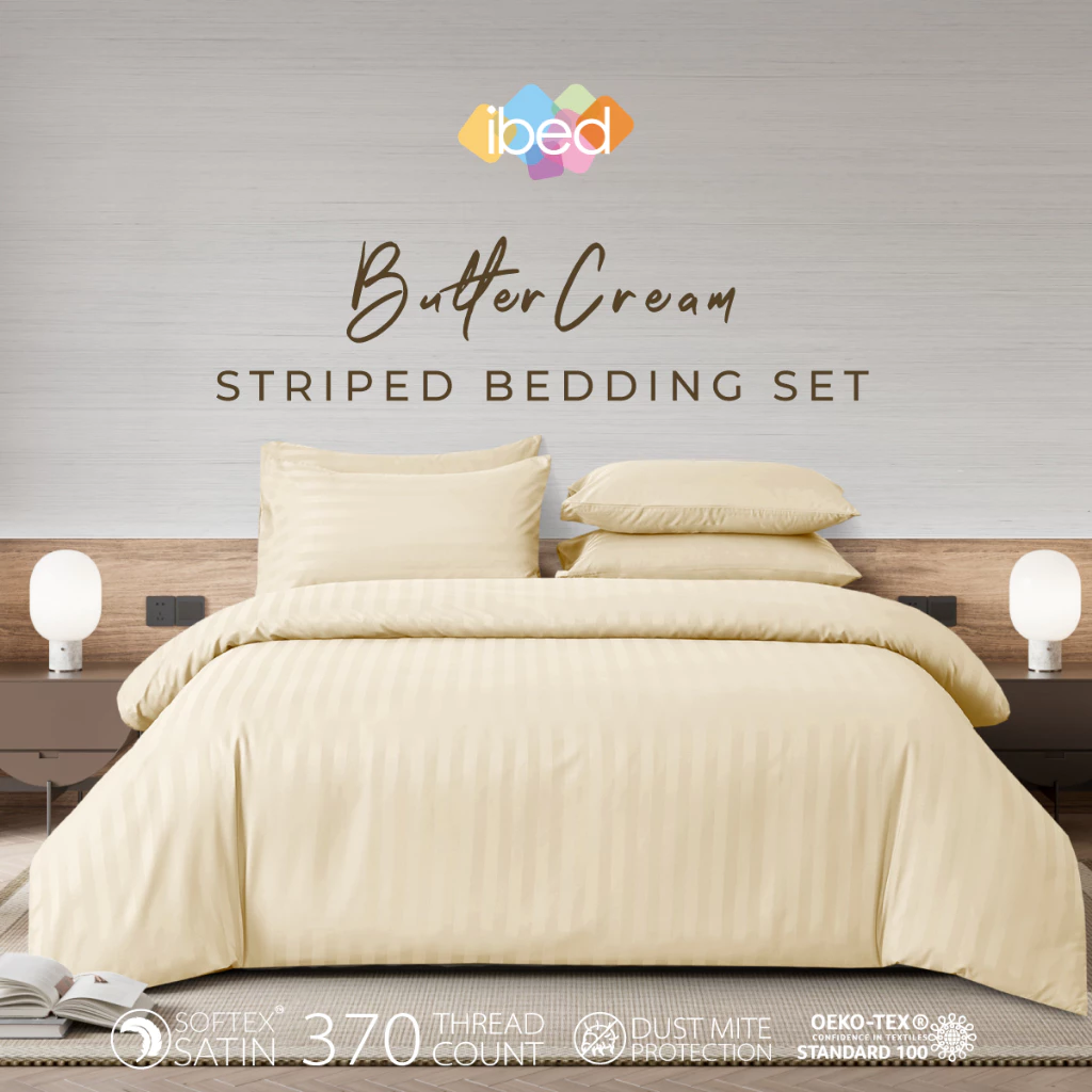 ibed ชุดผ้าปูที่นอนทอลายครบเซ็ท Softex Satin (ลายริ้ว) Butter Cream - STRIPED COLLECTION