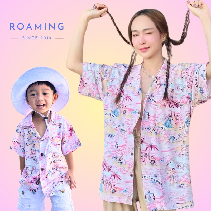 ROAMING HR13 เสื้อฮาวาย ผ้าเรยอนญี่ปุ่น เสื้อครอบครัว Rayon Hawaiian Shirts (แลนด์ออฟ-อะโลฮา ชมพู)