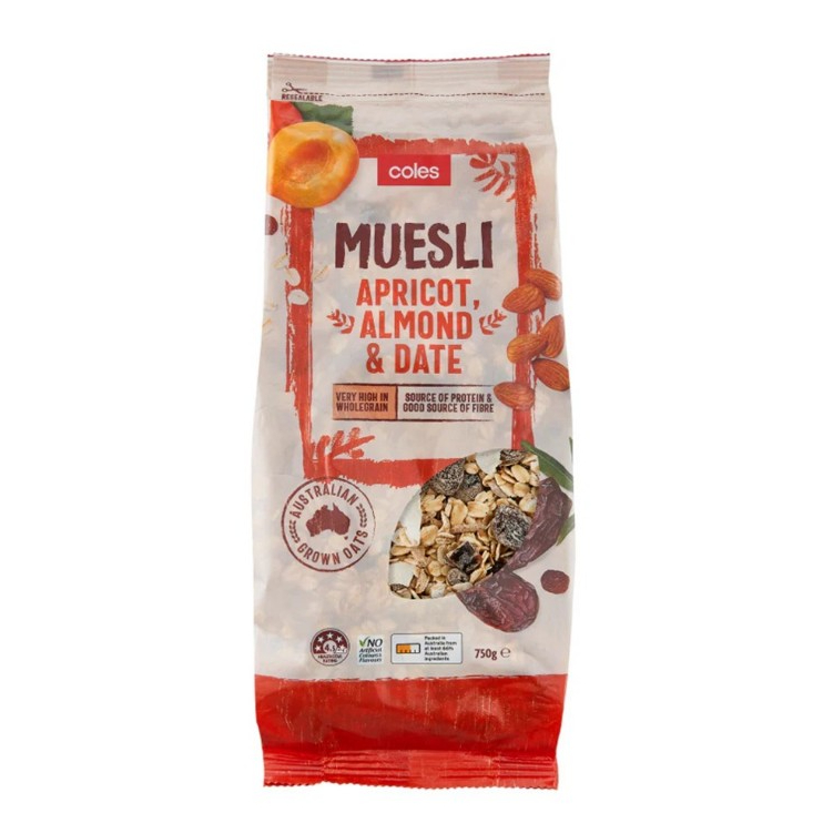 Coles Muesli Apricot Almond & Date โคลส์มูสลี่แอปริคอตอัลมอนด์และอินทผลัม 750g.