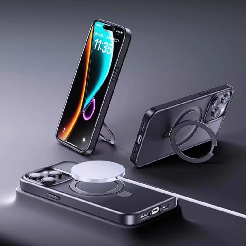 เคส iPhone Magnetic พร้อมขาตั้งหมุนได้ มีน้ำค้างแข็ง ฟรีขอบเลนส์ thumbnail 7