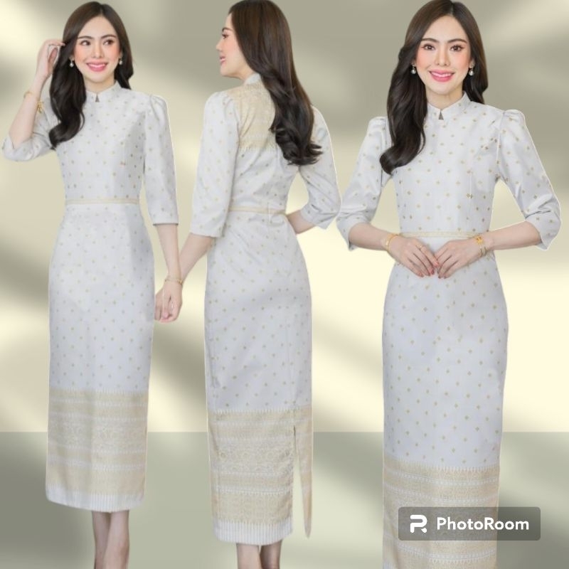 ชุดเดรสทรงจิตรลดา สีขาวงาช้าง ผ้าทอลายปักทอง ขอบเอวทอง คอจีน อัดกาวทุกชิ้น ใส่ซิบหลัง