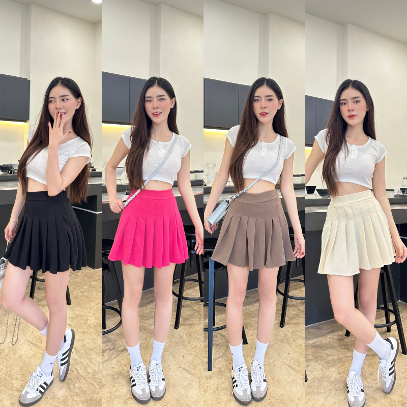 SpinnyHouse กระโปรงเทนนิสเอวสูง สม็อคหลังยืดได้ ผ้าด๊อบบี้หนาไม่โป๊ สั้นเหนือเข่า ปต่งจีบ skrit รุ่น กระโปรงเทนนิส