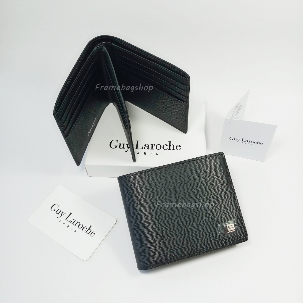 Guy Laroche กระเป๋าสตางค์ผู้ชายใบสั้น สีดำ มีลิ้นกลาง หนังลายเส้น หนังแท้100%