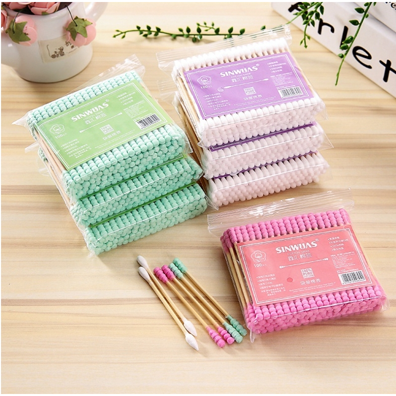 คอตตอนบัด 100 ก้าน (แพ็คเดี่ยว) Cotton buds สำลีปั่นหูด้ามไม้ สำลีไม้ สำลีก้าน สำลีเช็ดเครื่องสำอาง