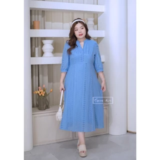Patcha-สีฟ้า เดรสผ้าลูกไม้ฉลุไซส์ใหญ่อก42 44 46 48 และ50นิ้ว ชุดคนอ้วนสีขาวใส่ไปวัดทำบุญ งานบวช