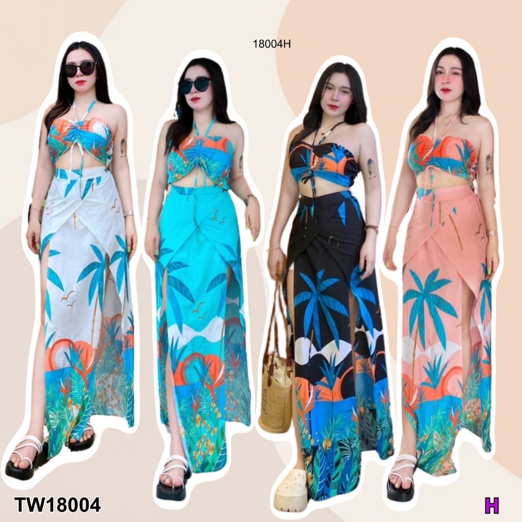 Pfashion [ส่งไว!! ] P18004 Set 2 ชิ้น เสื้อเกาะอก คล้องคอ พิมพ์ลาย + กางเกงกระโปรง ..