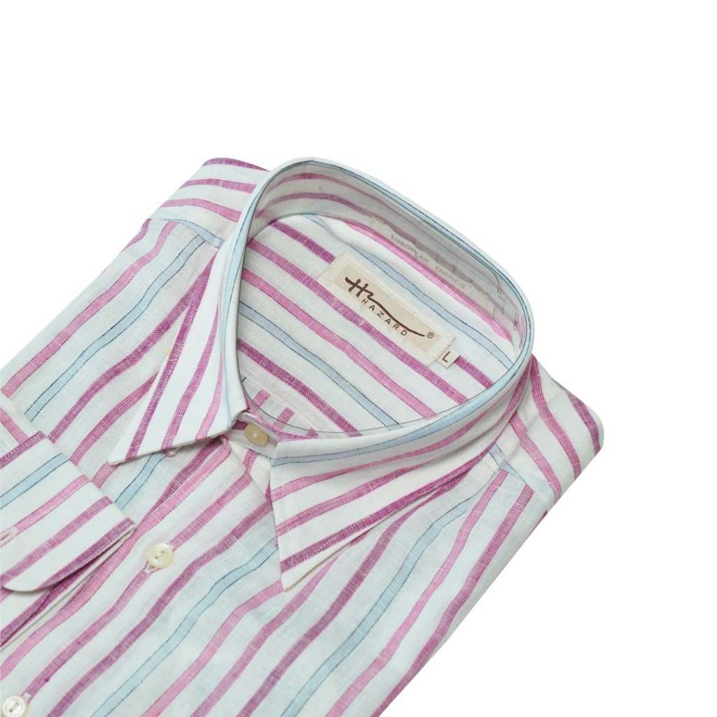 HAZARD เสื้อเชิ๊ตทำงานแขนยาวลายทาง ผ้า Linen(ลินิน) สีชมพูกลาง