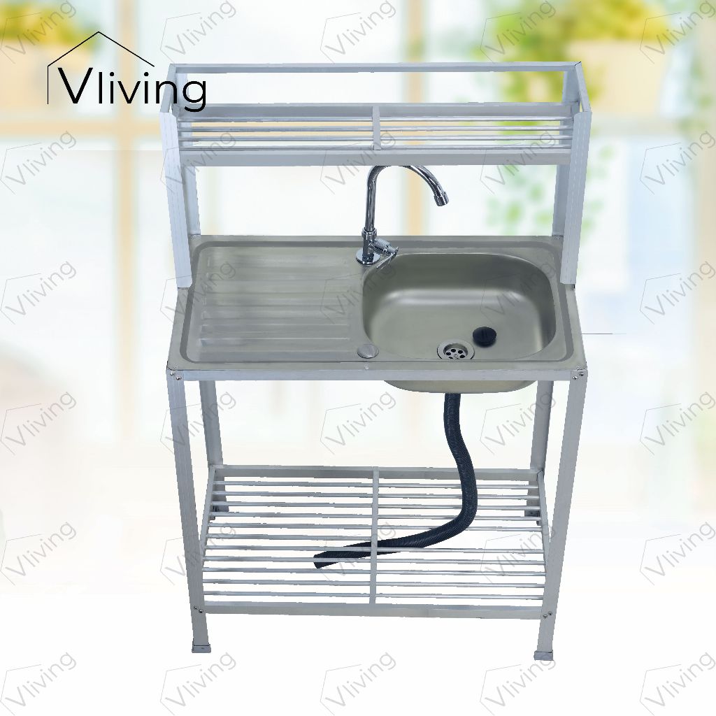 Vliving ซิ้งค์ล้างจาน อ่างล้างจาน สแตนเลสข้างทึบ 2 ชั้น กลาง มีบน โครงมิเนียม