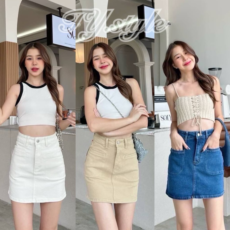 กระโปรงเอวสูง ซับในกางเกง ผ้ายืด แต่งกระเป๋าหน้า ปลายเย็บเก็บขอบ ทรงสอบ #YME21255