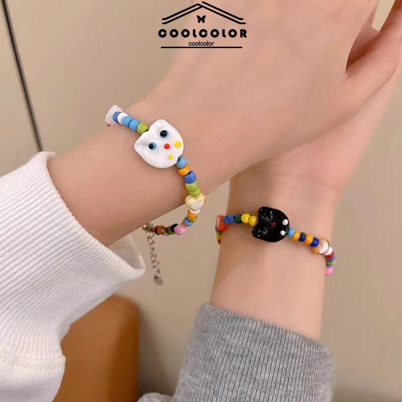 ในไทย สร้อยข้อมือประดับลูกปัดลายแมวน่ารักแฮนด์เมดสีดําสีขาวY2kเครื่องประดับสําหรับผู้หญิงและผู้ชายคู่รักของขวัญ