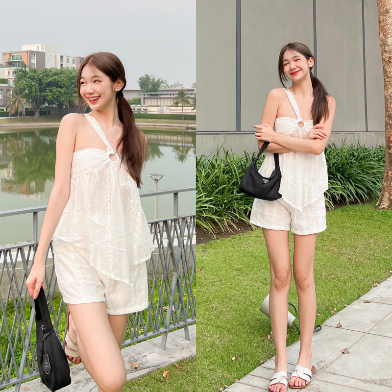 Teera พร้อมส่ง White Story เซ็ตลูกไม้ผ้าฉลุ ดีเทลสายพาดไหล่ ป้ายTanintra