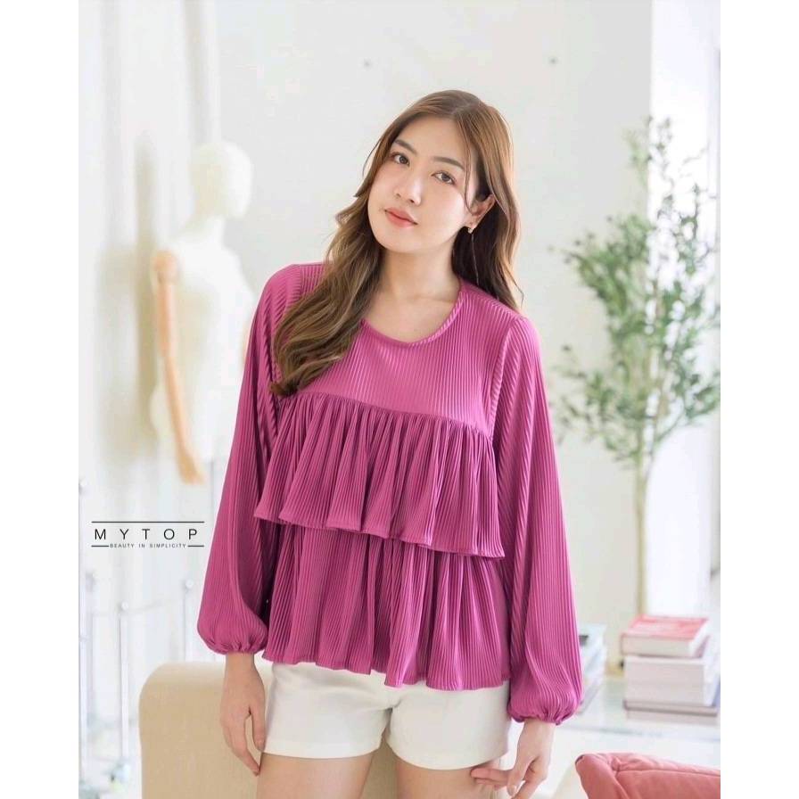 เสื้อพลีทแขนยาวจั๊ม เนื้อผ้านุ่มลื่น แต่งระบายสองชั้น H58