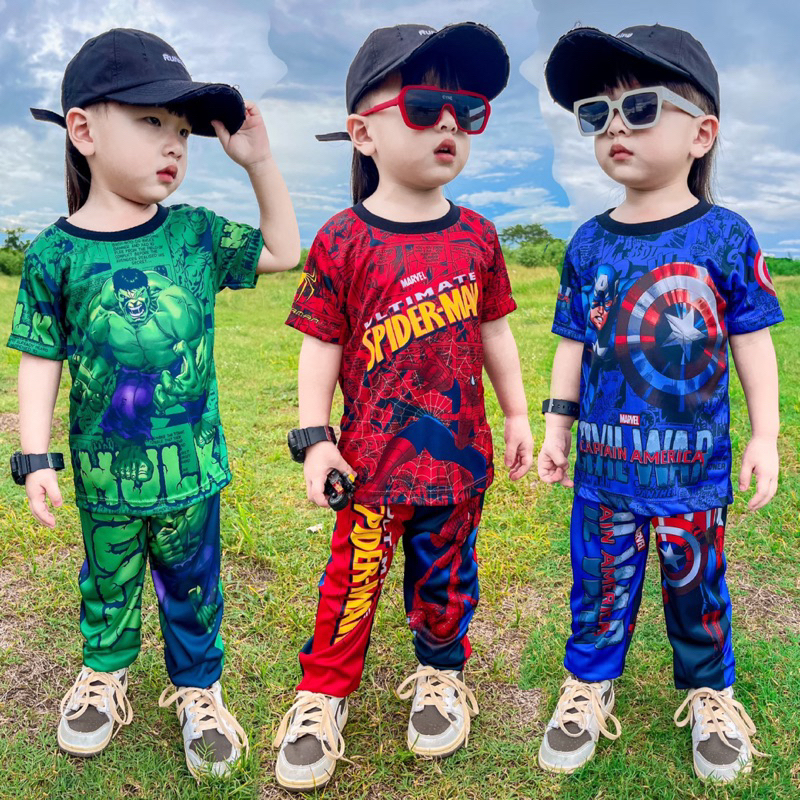 ชุดเซ็ทเด็ก เสื้อแขนสั้น+กางเกงขายาว ชุดเด็ก ลายซุปเปอร์ฮีโร่ ผ้าไมโครไฟเบอร์ ปลายขาจั๊ม
