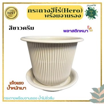 กระถางฮีโร่ (Hero) กระถางต้นไม้พลาสติสีขาว 10 นิ้ว พร้อมจานรอง พลาสาติกหนา ทนทาน แต่งบ้านแต่งสวนสไตล์มินิมอล