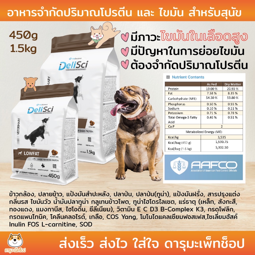 LOW FAT อาหารสุนัขควบคุมโปรตีน ไขมัน Delisci ขนาด 450 กรัม และ 1.5 kg