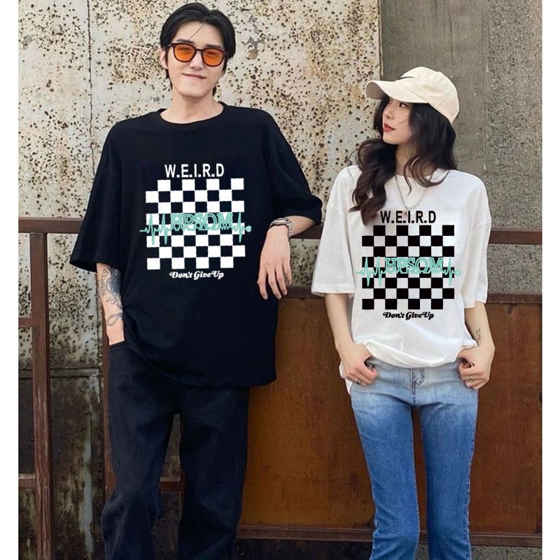 เสื้อยืดแขนสั้นทรงหลวมสไตล์เกาหลีน่ารัก oversize เสื้อผ้าวินเทจผู้หญิง เสื้อโอเวอร์ไซส์สกรีนลายตารางขาวดำ ผ้านิ่มสบาย - รูปที่ 6