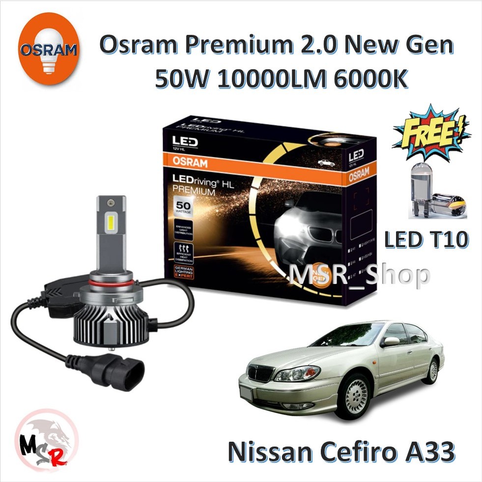 Osram หลอดไฟหน้ารถยนต์ Premium 2.0 New Gen LED 10000lm 50W 6000K Nissan Cefiro A33 แถมฟรี LED T10