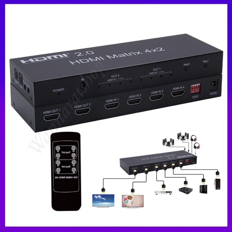 4k 60Hz HDMI Matrix Switcher 4x2 2x4 HDMI Switcher Splitter 4 in 2 Out with Optical + 3.5 มม. Audio 