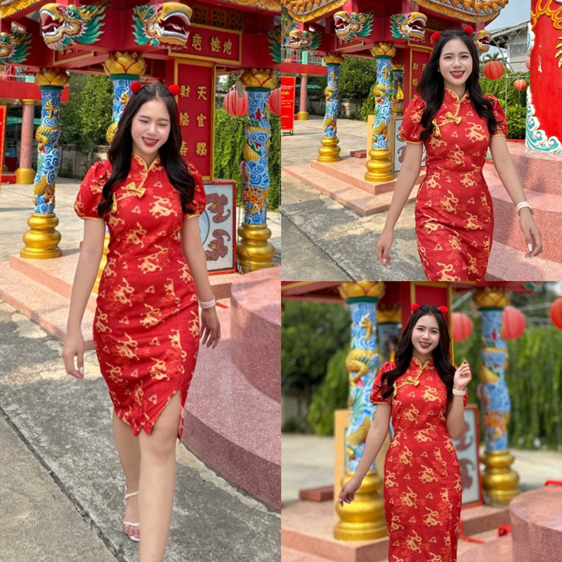กี่เพ้าตรุษจีน กี่เพ้าสีแดง ลายมังกรทอง กี่เพ้าสวยๆน่ารักๆ by Raphee