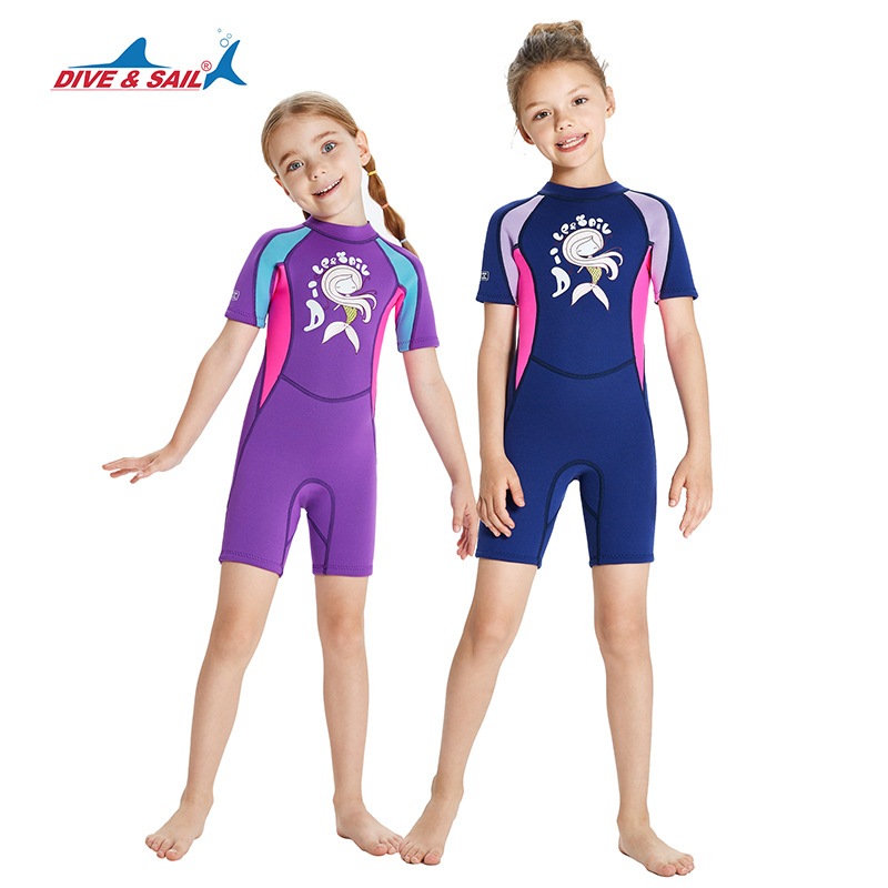 (ลดราคา ⚡️) ชุดว่ายน้ำเด็ก เก็บอุณหภูมิ แขนสั้น หนา2.5mm มีซิปหน้า สีกรม/ม่วงWetsuit สวมใส่สบาย ใส่แข่งว่ายน้ำ