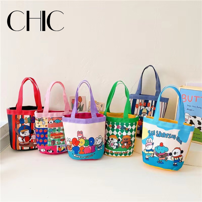 CHIC- กระเป๋าผ้าถือ แบบฐานกลม น่ารัก สีสดใส ผ้าแคนวาส กระเป๋าใส่ข้าวกลางวัน