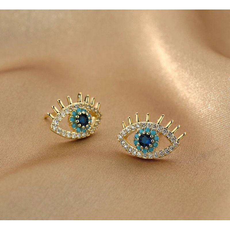 Turkish Blue Evil Eye Stud Earrings / Gold ต่างหู Evil eye จากตุรกี
