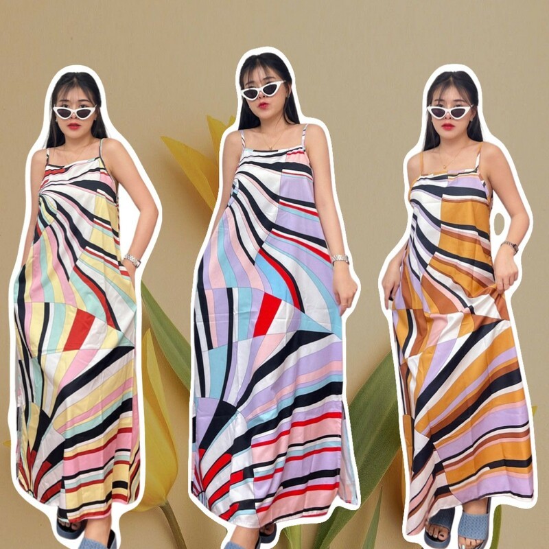 MM13239 เดรสยาวสายเดี่ยวลายกราฟฟิก Long dress with graphic print สงกรานต์ เที่ยวทะเล