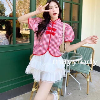 ❤️mayylody❤️ เสื้อตรุษจีน อาหมวยลายสก็อต ต้อนรับเทศกาลตรุษจีน น่ารักสุดๆๆ อกได้ถึง-38 นิ้ว🧧🏮🧧 เสื้อจีน เสื้อกี่เพ้า