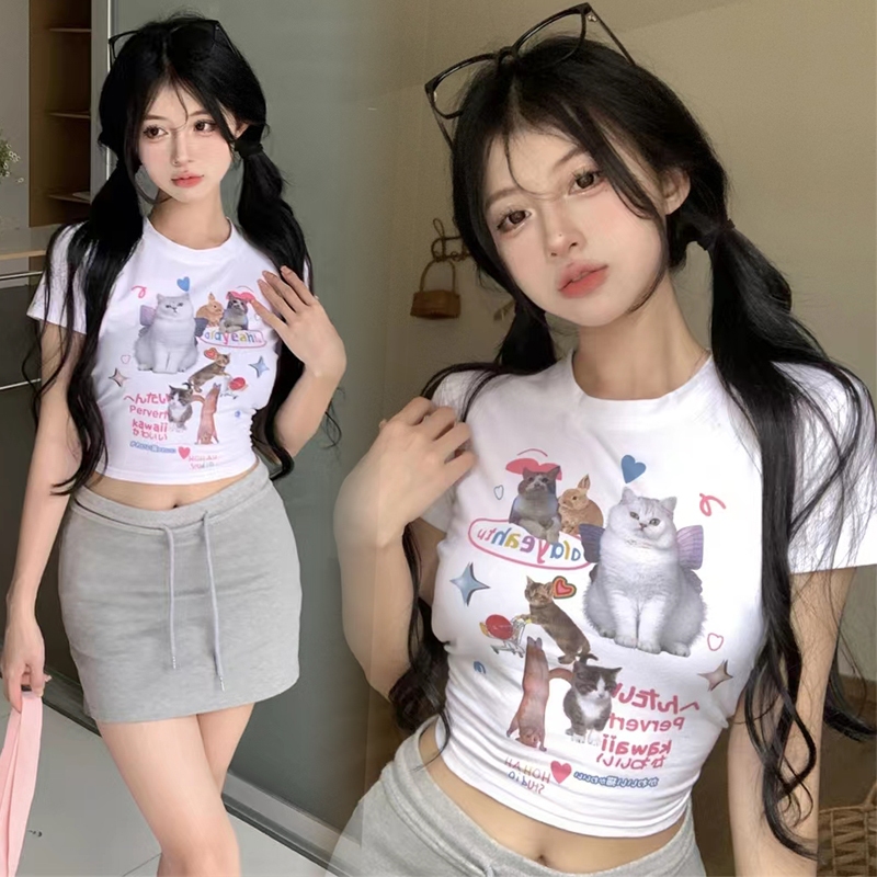 เสื้อครอป เสื้อยืดผู้หญิง มุ้งมิ้งมาก รูปเเมว ผ้ายืด #00230