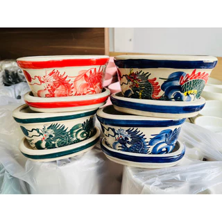 กระถางเซรามิค กระถางบอนไซ ทรงรีวาดลายมังกร กว้าง5.7นิ้ว สูง3.5นิ้ว