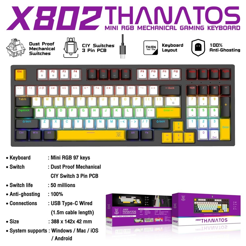 คีย์บอร์ดเกมมิ่ง NUBWO THANATOS X802 Mini RGB Mechanical Keyboard 97 Keys คีย์บอร์ดเมคานิคอล ประกัน 2 ปี รูปที่ 8